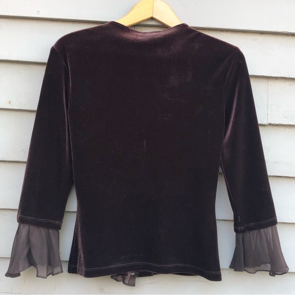 Vintage Cachet Y2K Whimsigoth Ethereal Dark Brown Velvet Silk Ruffle Zip Up Top - Picture 15 of 17